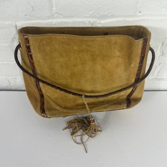 Brahmin Handbags - Brahmin Mustard Suede Tote with Brown Trim